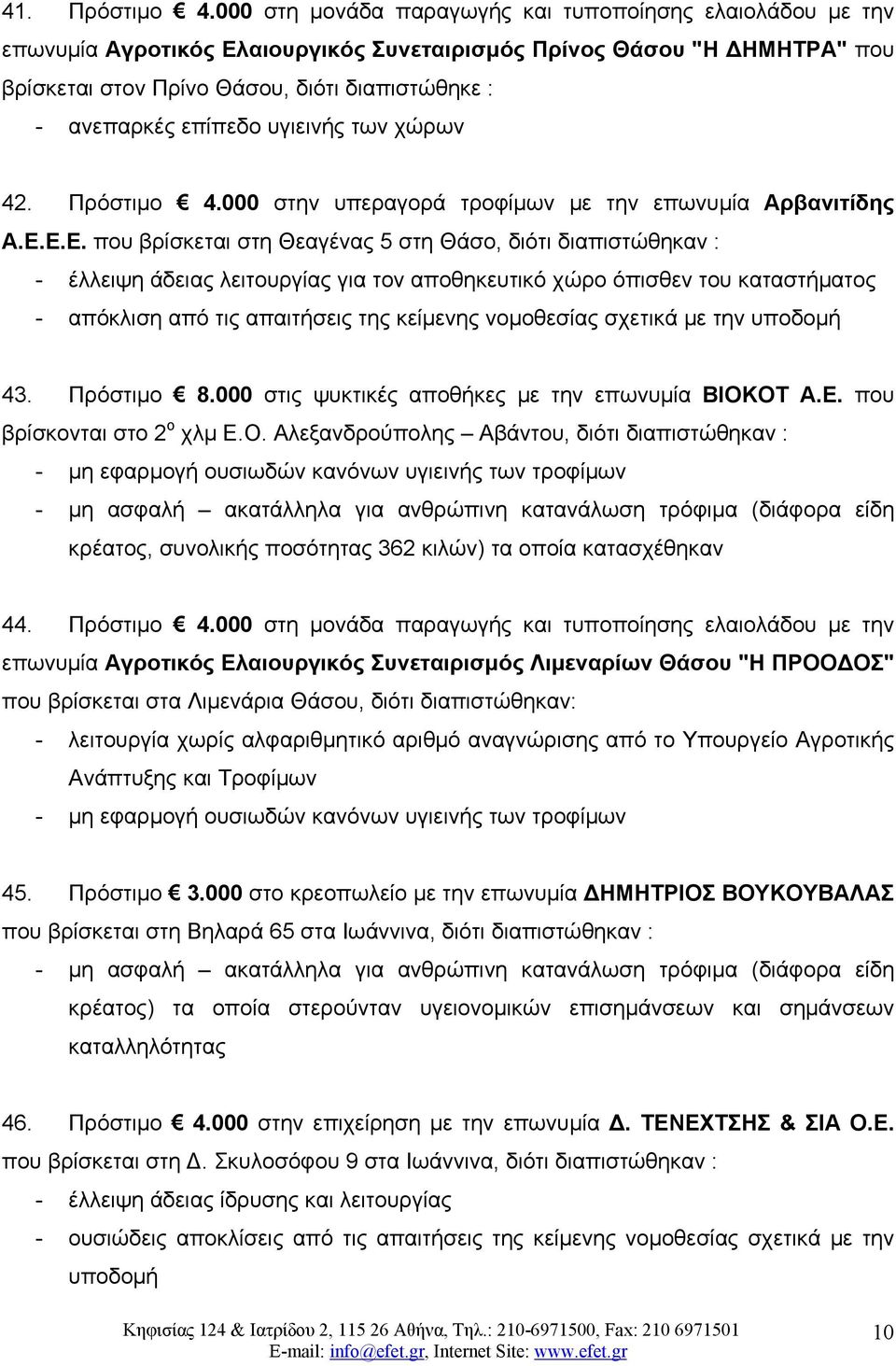 επίπεδο υγιεινής των χώρων 42. Πρόστιμο 4.000 στην υπεραγορά τροφίμων με την επωνυμία Αρβανιτίδης Α.Ε.