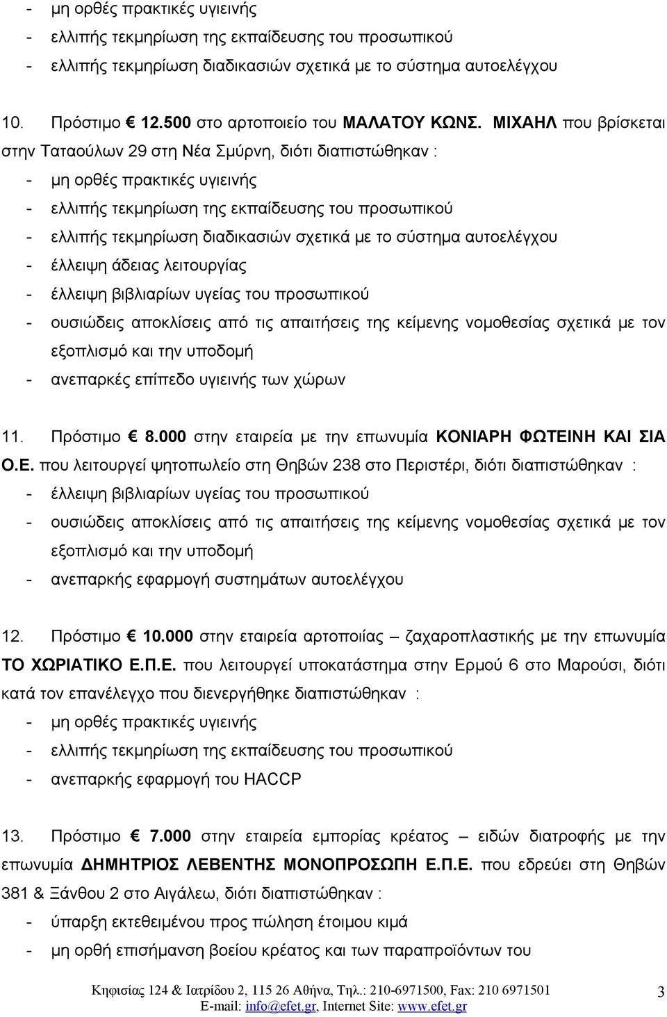 ΜΙΧΑΗΛ που βρίσκεται στην Ταταούλων 29 στη Νέα Σμύρνη, διότι - μη ορθές πρακτικές υγιεινής - ελλιπής τεκμηρίωση της εκπαίδευσης του προσωπικού - ελλιπής τεκμηρίωση διαδικασιών σχετικά με το σύστημα