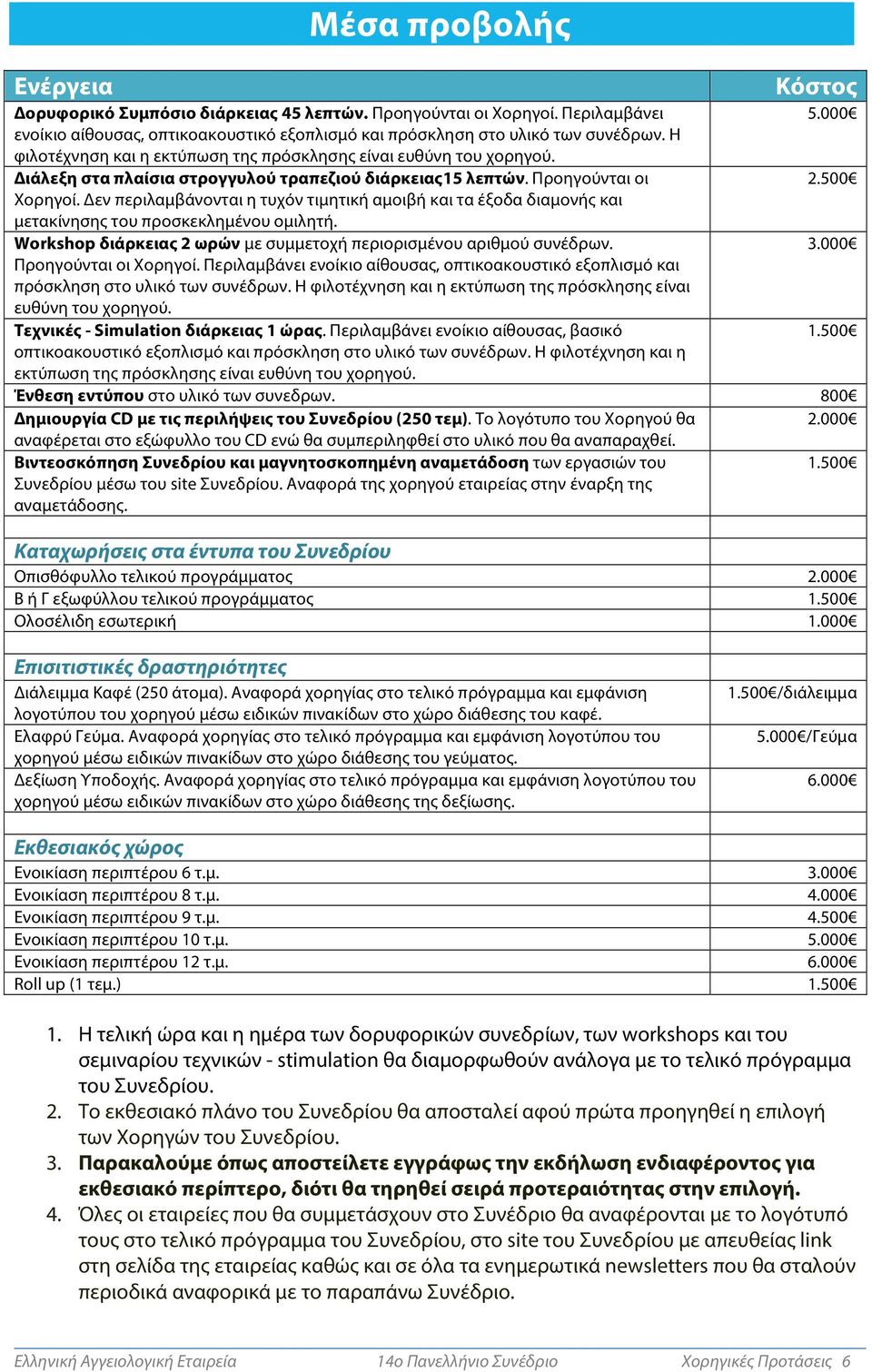 Δεν περιλαμβάνονται η τυχόν τιμητική αμοιβή και τα έξοδα διαμονής και μετακίνησης του προσκεκλημένου ομιλητή. Workshop διάρκειας 2 ωρών με συμμετοχή περιορισμένου αριθμού συνέδρων. 3.