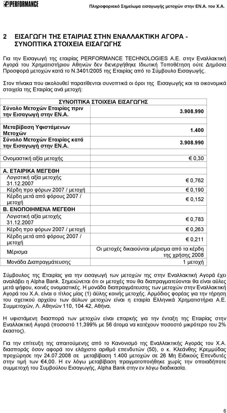 Στον πίνακα που ακολουθεί παρατίθενται συνοπτικά οι όροι της Εισαγωγής και τα οικονομικά στοιχεία της Εταιρίας ανά μετοχή: ΣΥΝΟΠΤΙΚΑ ΣΤΟΙΧΕΙΑ ΕΙΣΑΓΩΓΗΣ Σύνολο Μετοχών Εταιρίας πριν την Εισαγωγή στην