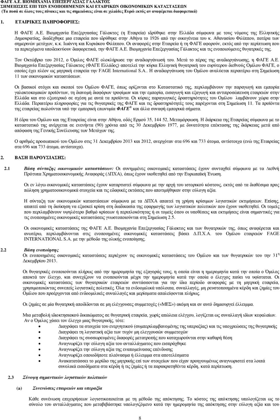 Οι αναφορές στην Εταιρεία ή τη ΦΑΓΕ αφορούν, εκτός από την περίπτωση που τα περιεχόμενα υποδεικνύουν διαφορετικά, την ΦΑΓΕ Α.Ε. Βιομηχανία Επεξεργασίας Γάλακτος και τις ενοποιούμενες θυγατρικές της.