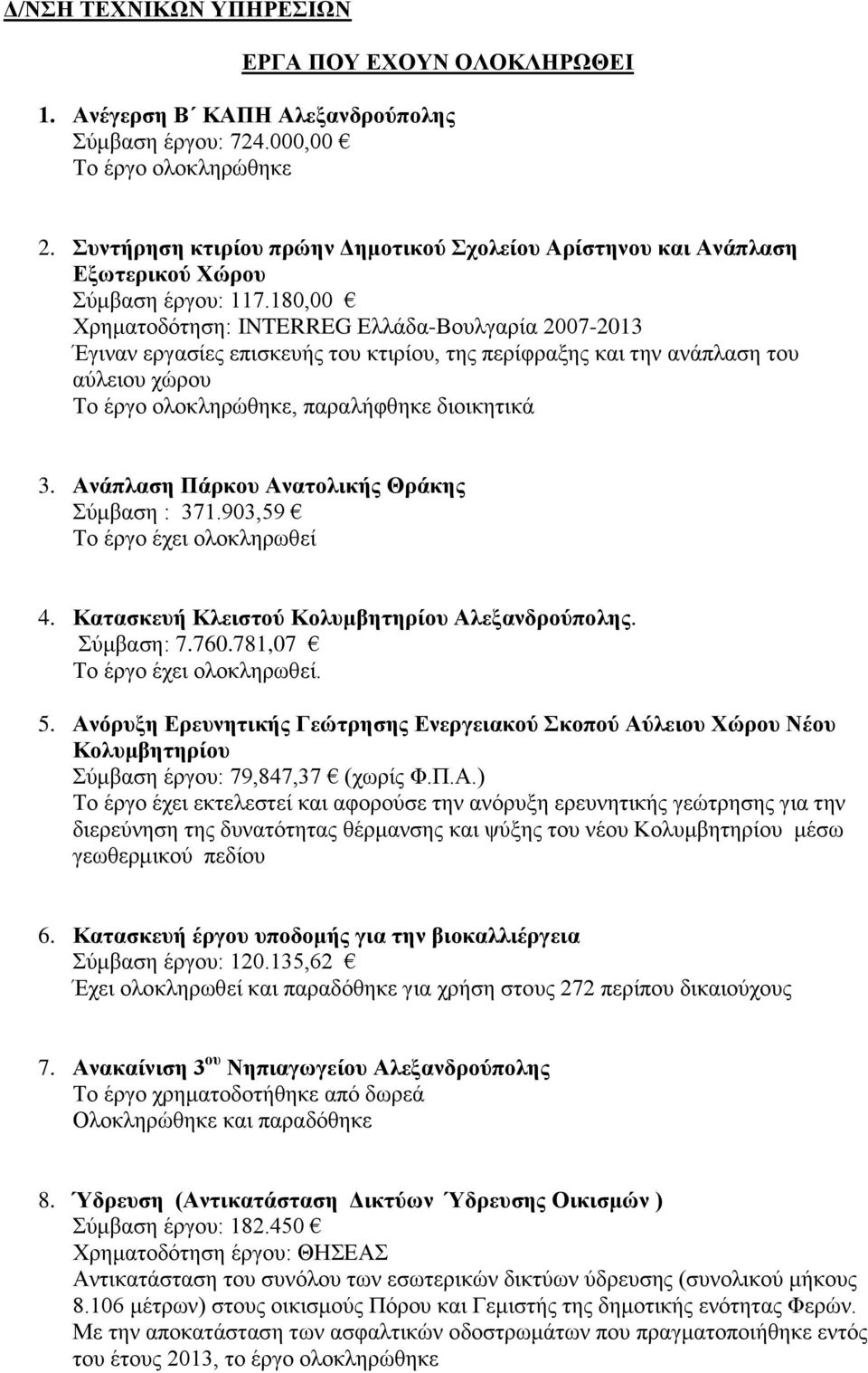 180,00 Χρηματοδότηση: INTERREG Ελλάδα-Βουλγαρία 2007-2013 Έγιναν εργασίες επισκευής του κτιρίου, της περίφραξης και την ανάπλαση του αύλειου χώρου Το έργο ολοκληρώθηκε, παραλήφθηκε διοικητικά 3.