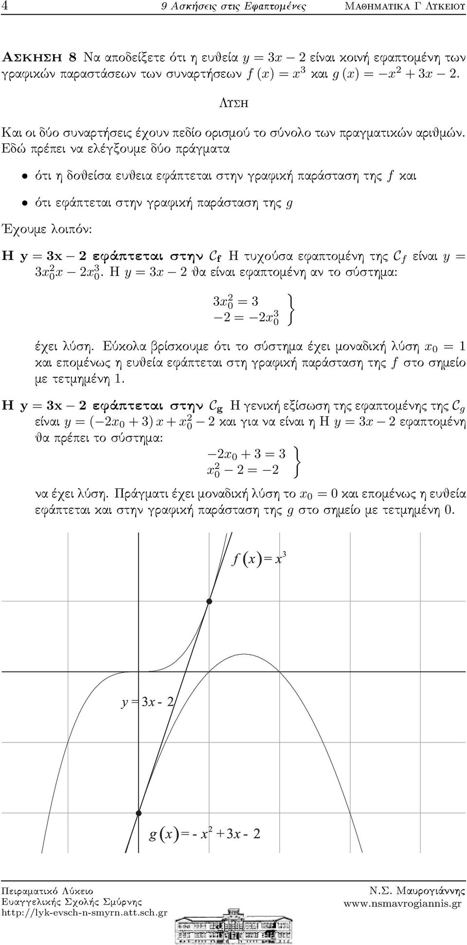 Εδώ πρέπει να ελέγξουμε δύο πράγματα ότι η δοθείσα ευθεια εφάπτεται στην γραφική παράσταση της f και ότι εφάπτεται στην γραφική παράσταση της g Εχουμε λοιπόν: Η y = x εφάπτεται στην C f Η τυχούσα