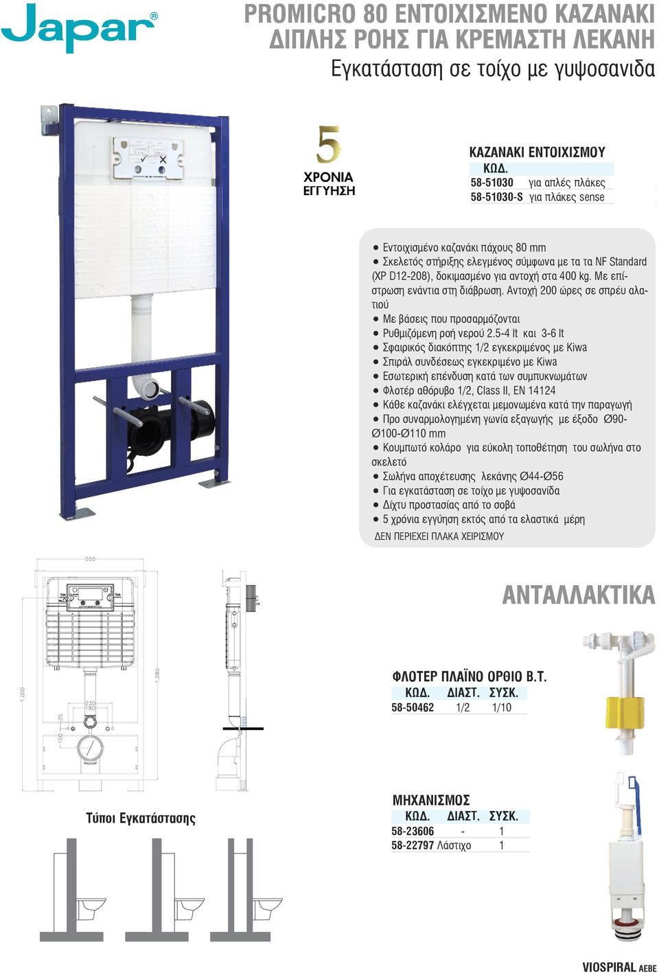 5-4 lt και 3-6 lt Σφαιρικός διακόπτης 1/2 εγκεκριμένος με Kiwa Σπιράλ συνδέσεως εγκεκριμένο με Kiwa Εσωτερική επένδυση κατά των συμπυκνωμάτων Φλοτέρ αθόρυβο 1/2, Class II, EN 14124 Κάθε καζανάκι