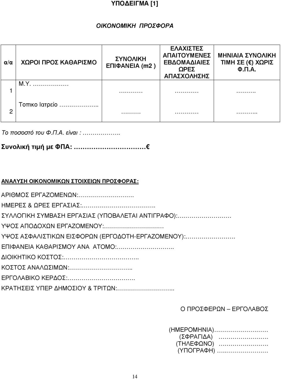 Συνολική τιµή µε ΦΠΑ: ΑΝΑΛΥΣΗ ΟΙΚΟΝΟΜΙΚΩΝ ΣΤΟΙΧΕΙΩΝ ΠΡΟΣΦΟΡΑΣ: ΑΡΙΘΜΟΣ ΕΡΓΑΖΟΜΕΝΩΝ:. ΗΜΕΡΕΣ & ΩΡΕΣ ΕΡΓΑΣΙΑΣ:.