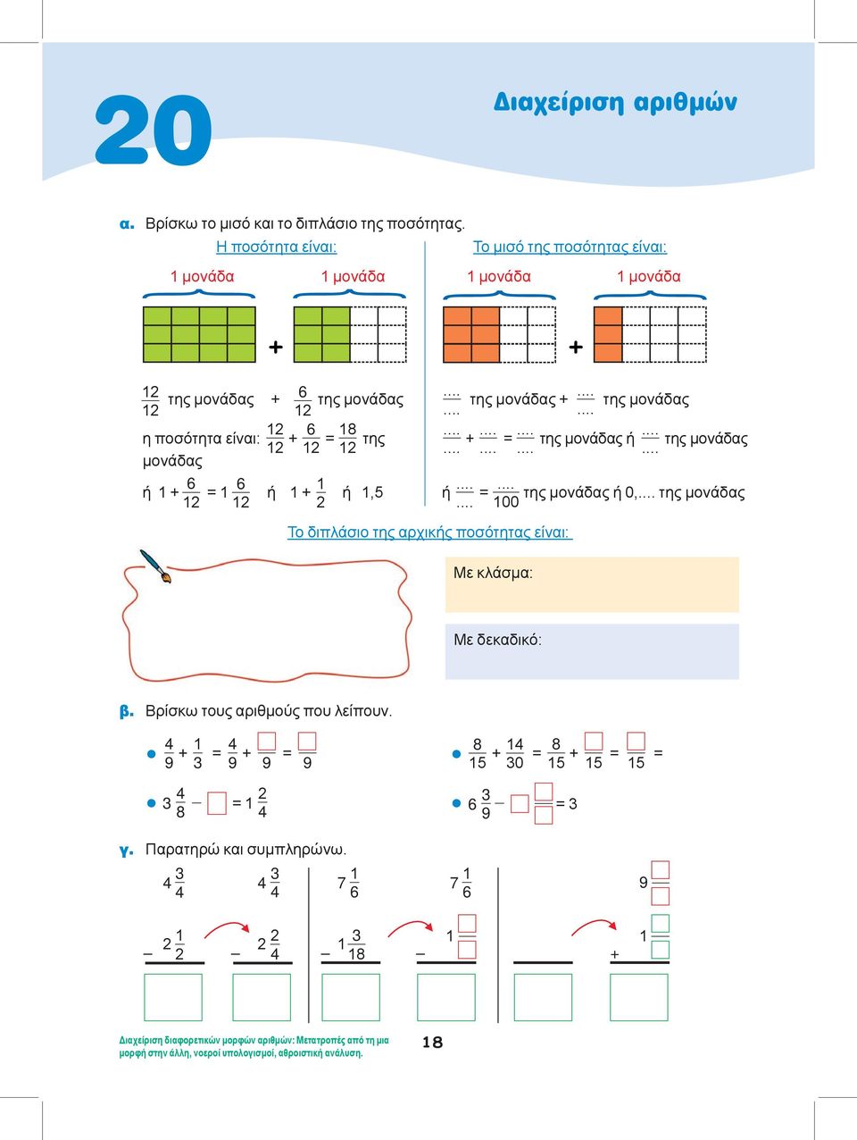 μονάδας + της μονάδας + = της μονάδας ή της μονάδας ή = της μονάδας ή 0, της μονάδας 00 Το διπλάσιο της αρχικής ποσότητας είναι: Με κλάσμα: Με δεκαδικό: β.