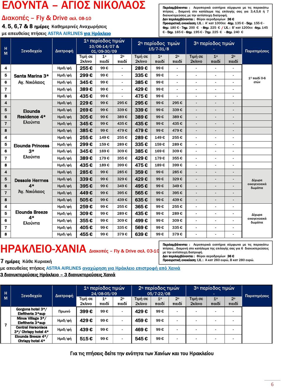 παρακάτω πτήσεις, διαµονή στο κατάλυµα της επιλογής σας για,,, ή 7 διανυκτερεύσεις µε την αντίστοιχη διατροφή. εν περιλαµβάνονται : Φόροι αεροδροµίων Προαιρετική ενοικίαση: Ι.Χ. : Α κατ 1000cc ηµ.