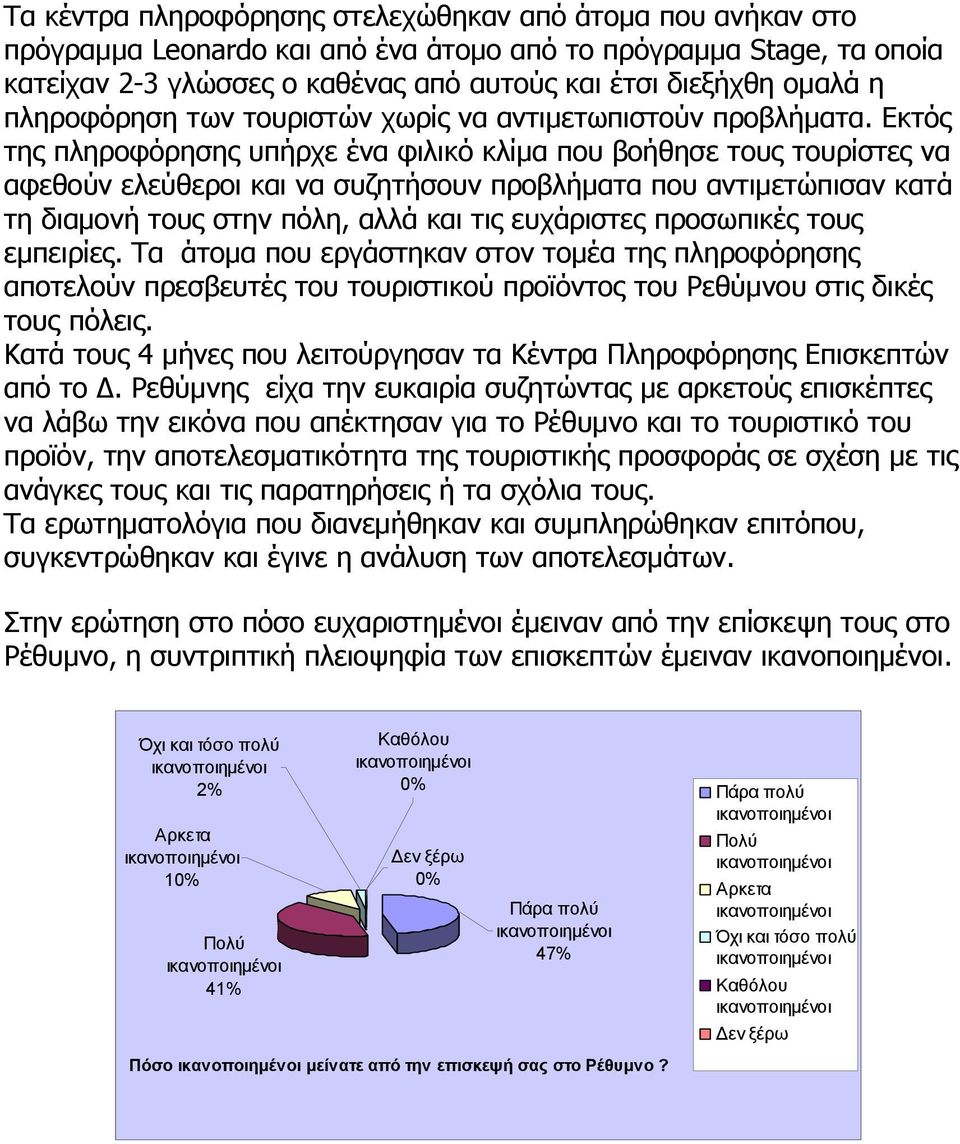 Εκτός της πληροφόρησης υπήρχε ένα φιλικό κλίμα που βοήθησε τους τουρίστες να αφεθούν ελεύθεροι και να συζητήσουν προβλήματα που αντιμετώπισαν κατά τη διαμονή τους στην πόλη, αλλά και τις ευχάριστες