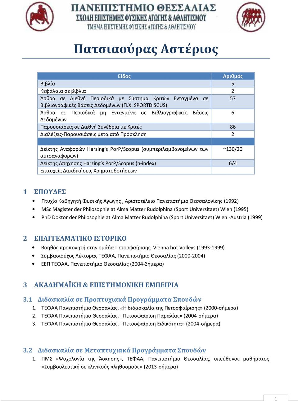 PorP/Scopus (συμπεριλαμβανομένων των ~130/20 αυτοαναφορών) Δείκτης Απήχησης Harzing s PorP/Scopus (hindex) 6/4 Επιτυχείς Διεκδικήσεις Χρηματοδοτήσεων 1 ΣΠΟΥΔΕΣ Πτυχίο Καθηγητή Φυσικής Αγωγής,