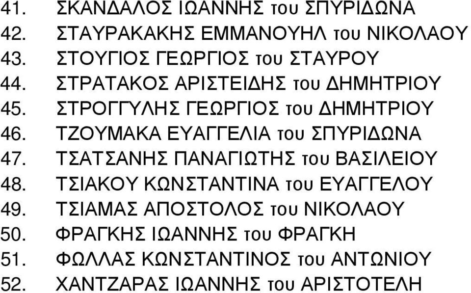 ΤΖΟΥΜΑΚΑ ΕΥΑΓΓΕΛΙΑ του ΣΠΥΡΙ ΩΝΑ 47. ΤΣΑΤΣΑΝΗΣ ΠΑΝΑΓΙΩΤΗΣ του ΒΑΣΙΛΕΙΟΥ 48.