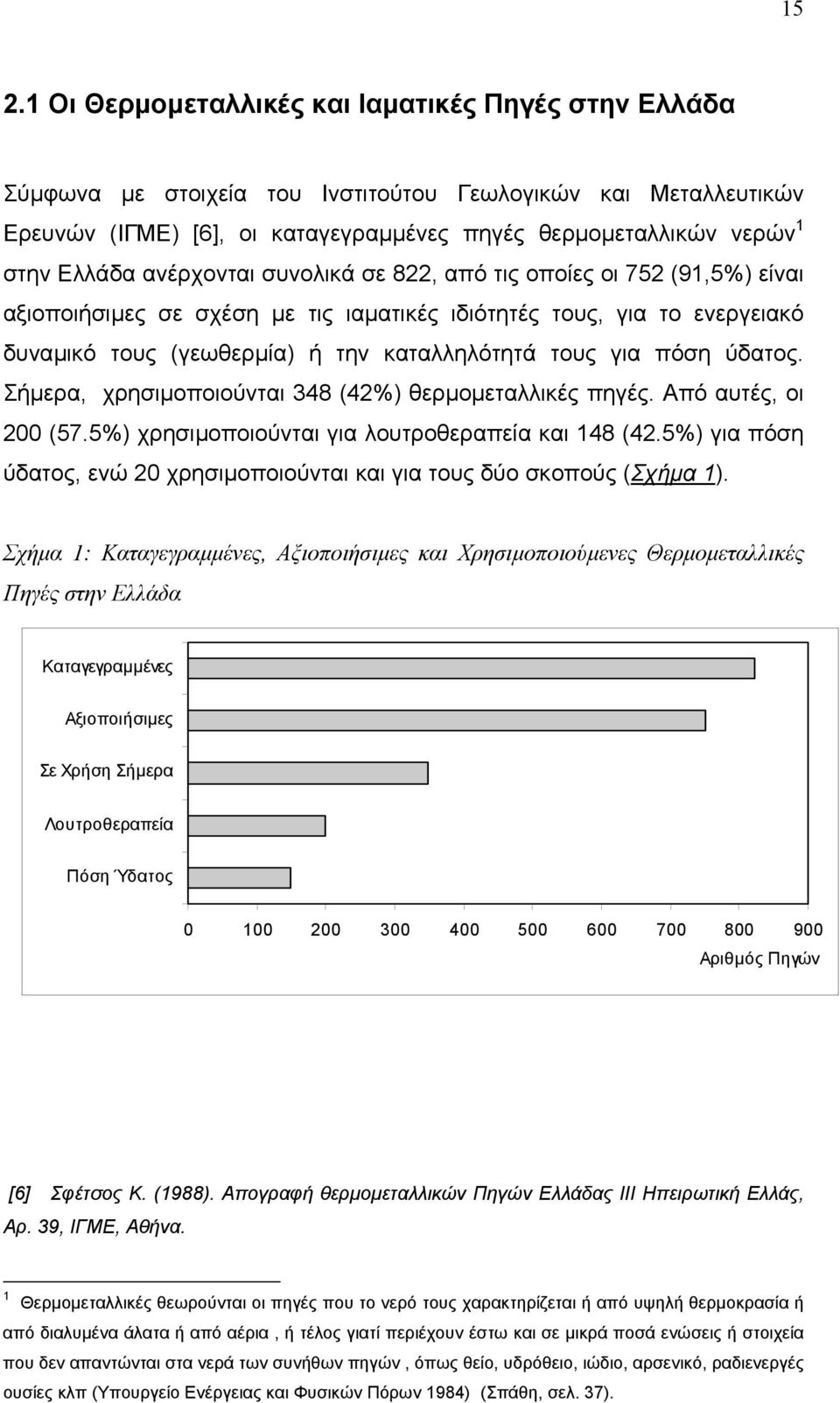 πόση ύδατος. Σήµερα, χρησιµοποιούνται 348 (42%) θερµοµεταλλικές πηγές. Από αυτές, οι 200 (57.5%) χρησιµοποιούνται για λουτροθεραπεία και 148 (42.