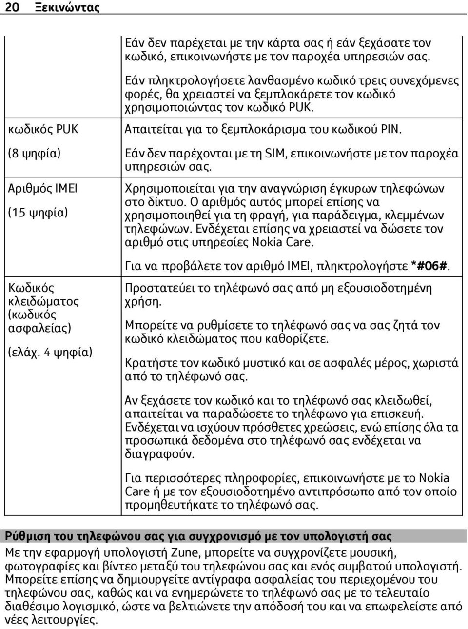 4 ψηφία) Εάν πληκτρολογήσετε λανθασμένο κωδικό τρεις συνεχόμενες φορές, θα χρειαστεί να ξεμπλοκάρετε τον κωδικό χρησιμοποιώντας τον κωδικό PUK. Απαιτείται για το ξεμπλοκάρισμα του κωδικού PIN.