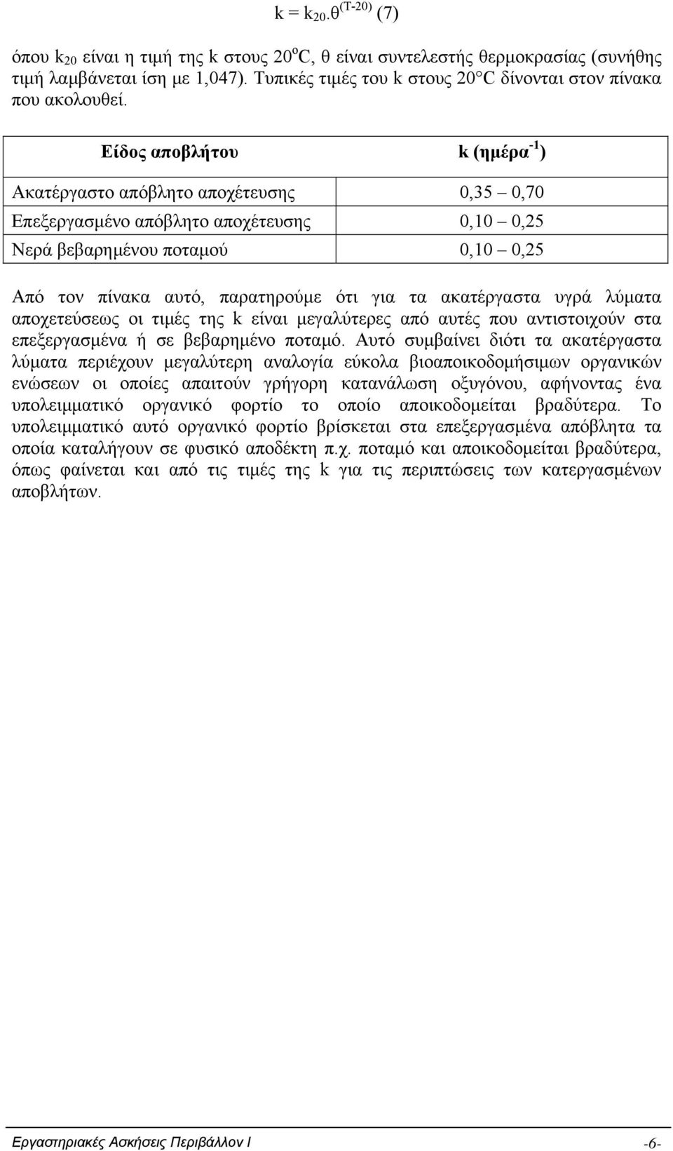 Είδος αποβλήτου k (ημέρα -1 ) Ακατέργαστο απόβλητο αποχέτευσης 0,35 0,70 Επεξεργασμένο απόβλητο αποχέτευσης 0,10 0,25 Νερά βεβαρημένου ποταμού 0,10 0,25 Από τον πίνακα αυτό, παρατηρούμε ότι για τα