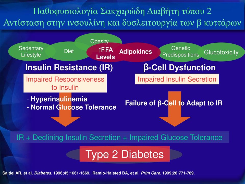 Predispositions β-cell Dysfunction Impaired Insulin Secretion Glucotoxicity Failure of β-cell to Adapt to IR IR + Declining Insulin