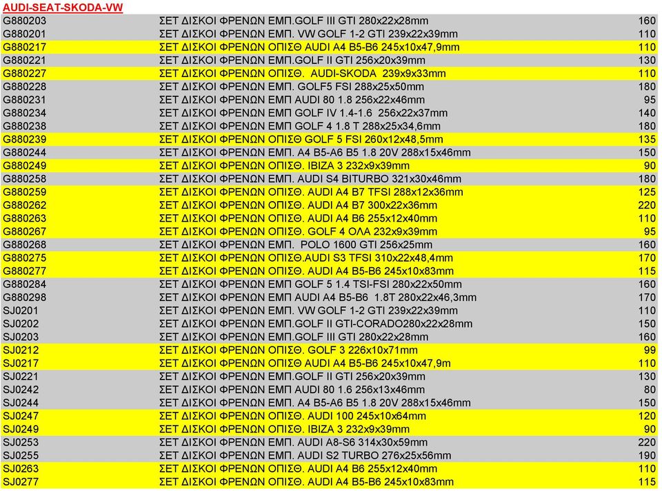 AUDI-SKODA 239x9x33mm 110 G880228 ΣΕΤ ΙΣΚΟΙ ΦΡΕΝΩΝ ΕΜΠ. GOLF5 FSI 288x25x50mm 180 G880231 ΣΕΤ ΙΣΚΟΙ ΦΡΕΝΩΝ ΕΜΠ AUDI 80 1.8 256x22x46mm 95 G880234 ΣΕΤ ΙΣΚΟΙ ΦΡΕΝΩΝ ΕΜΠ GOLF IV 1.4-1.