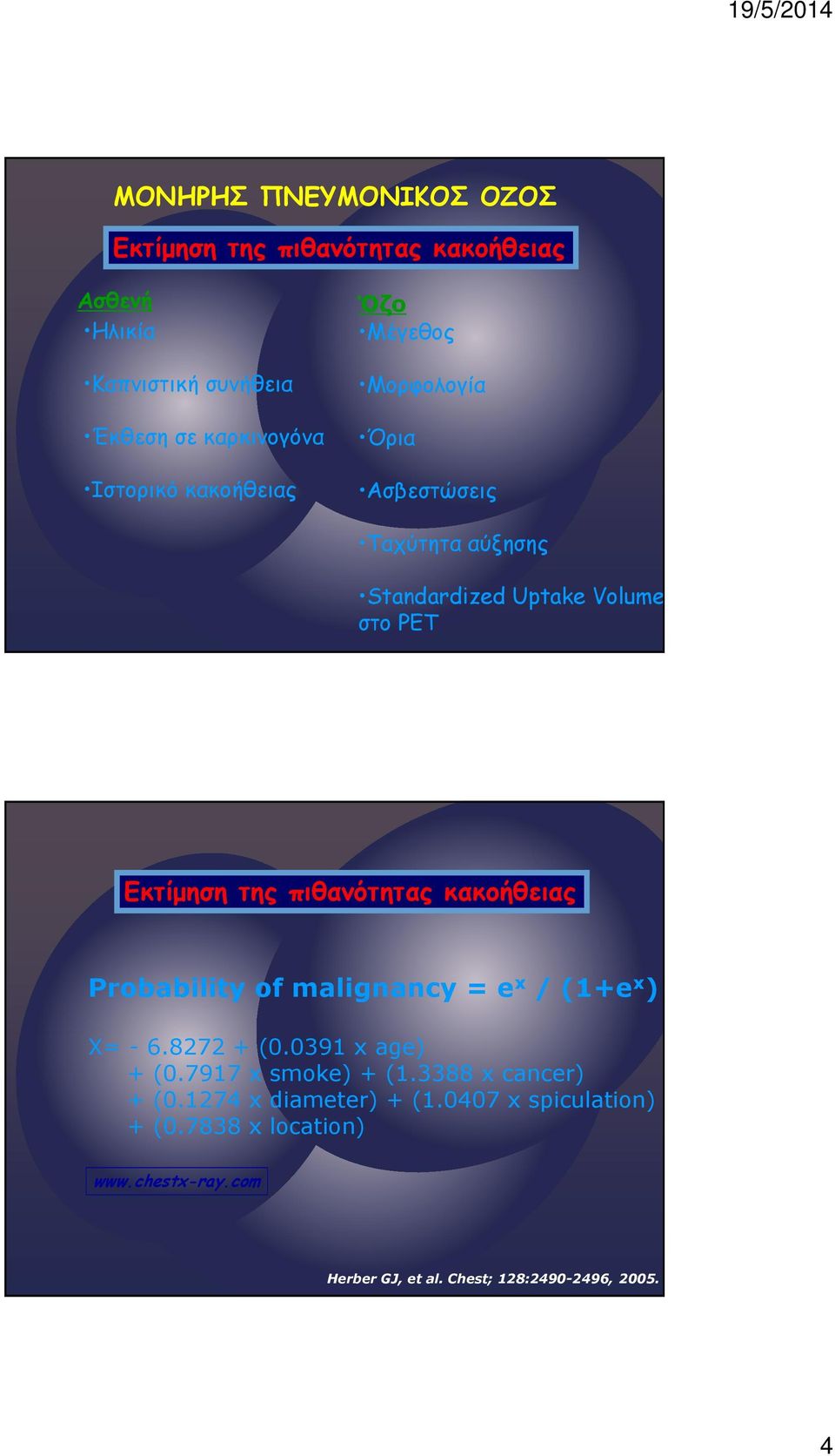 κακοήθειας Probability of malignancy = e x / (1+e x ) X= - 6.8272 + (0.0391 x age) + (0.7917 x smoke) + (1.