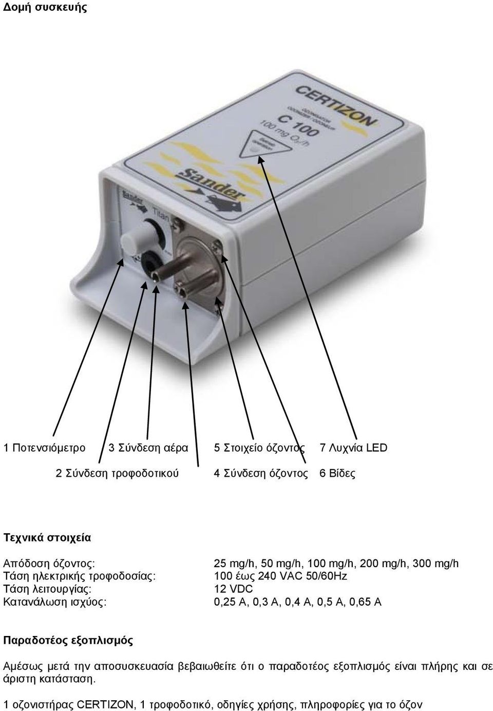 mg/h 100 έως 240 VAC 50/60Hz 12 VDC 0,25 A, 0,3 A, 0,4 A, 0,5 A, 0,65 A Παραδοτέος εξοπλισμός Αμέσως μετά την αποσυσκευασία βεβαιωθείτε