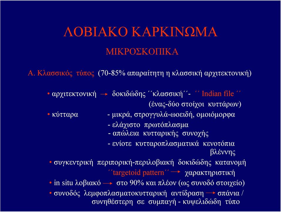 κύτταρα - μικρά, στρογγυλά-ωοειδή, ομοιόμορφα - ελάχιστο πρωτόπλασμα - απώλεια κυτταρικής συνοχής - ενίοτε κυτταροπλασματικά κενοτόπια