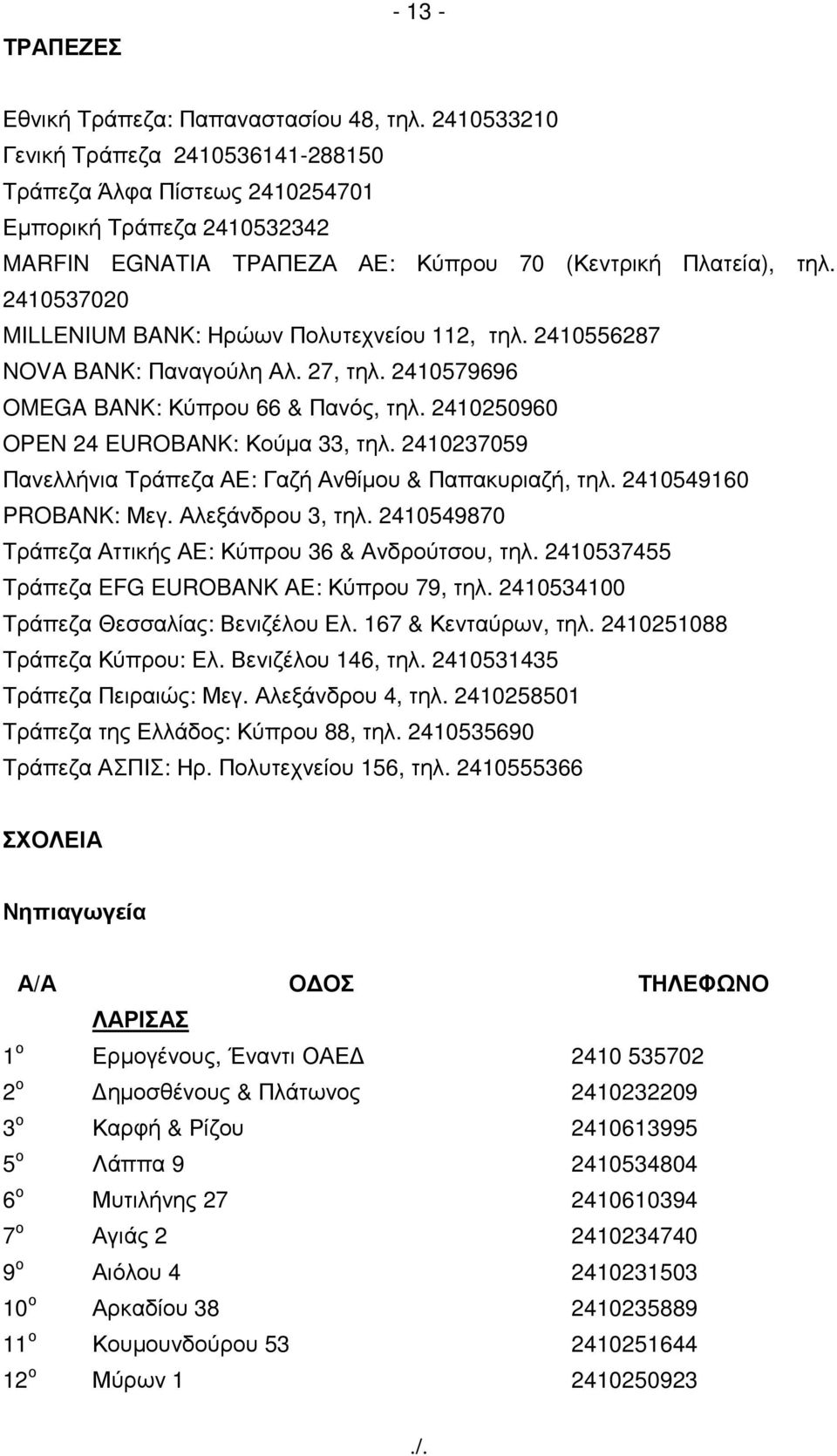 2410537020 MILLENIUM BANK: Ηρώων Πολυτεχνείου 112, τηλ. 2410556287 NOVA BANK: Παναγούλη Αλ. 27, τηλ. 2410579696 OMEGA BANK: Κύπρου 66 & Πανός, τηλ. 2410250960 OPEN 24 EUROBANK: Κούµα 33, τηλ.