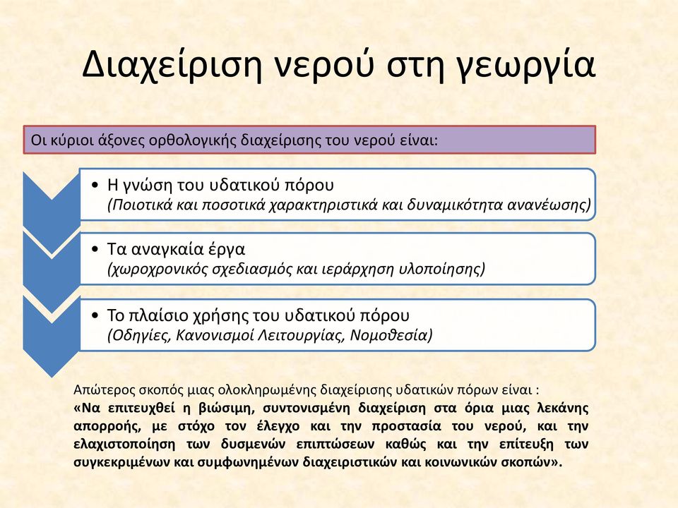 Απώτερος σκοπός μιας ολοκληρωμένης διαχείρισης υδατικών πόρων είναι : «Να επιτευχθεί η βιώσιμη, συντονισμένη διαχείριση στα όρια μιας λεκάνης απορροής, με στόχο τον