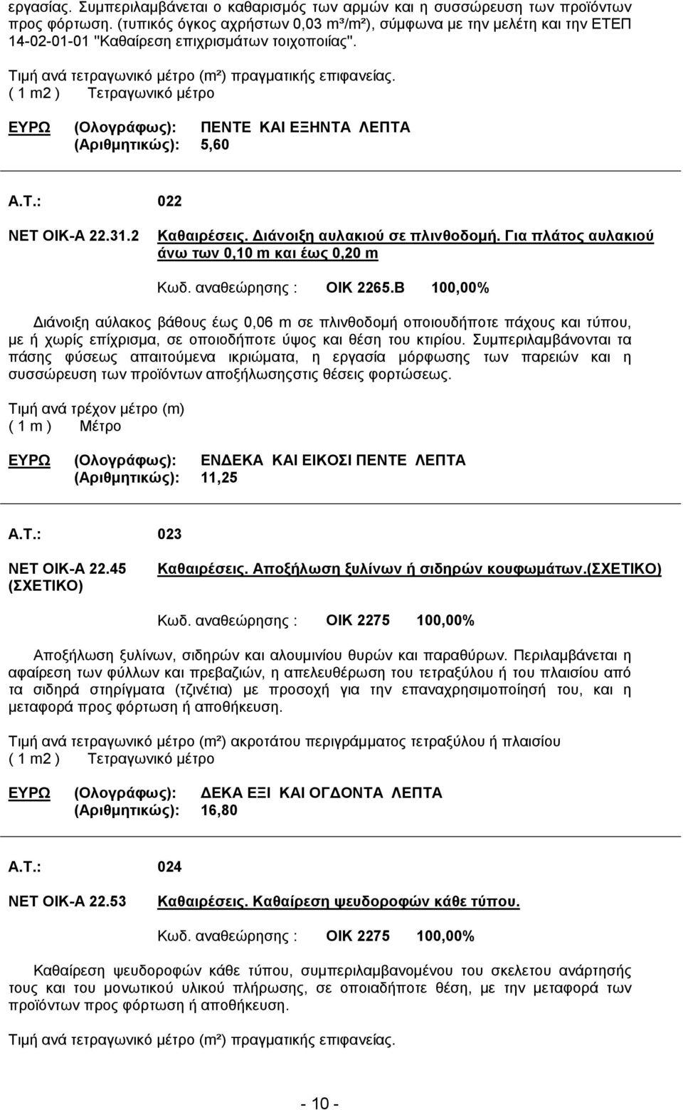 ΕΥΡΩ (Ολογράφως): ΠΕΝΤΕ ΚΑΙ ΕΞΗΝΤΑ ΛΕΠΤΑ (Αριθµητικώς): 5,60 A.T.: 022 ΝΕΤ ΟΙΚ-Α 22.31.2 Καθαιρέσεις. ιάνοιξη αυλακιού σε πλινθοδοµή. Για πλάτος αυλακιού άνω των 0,10 m και έως 0,20 m Κωδ.