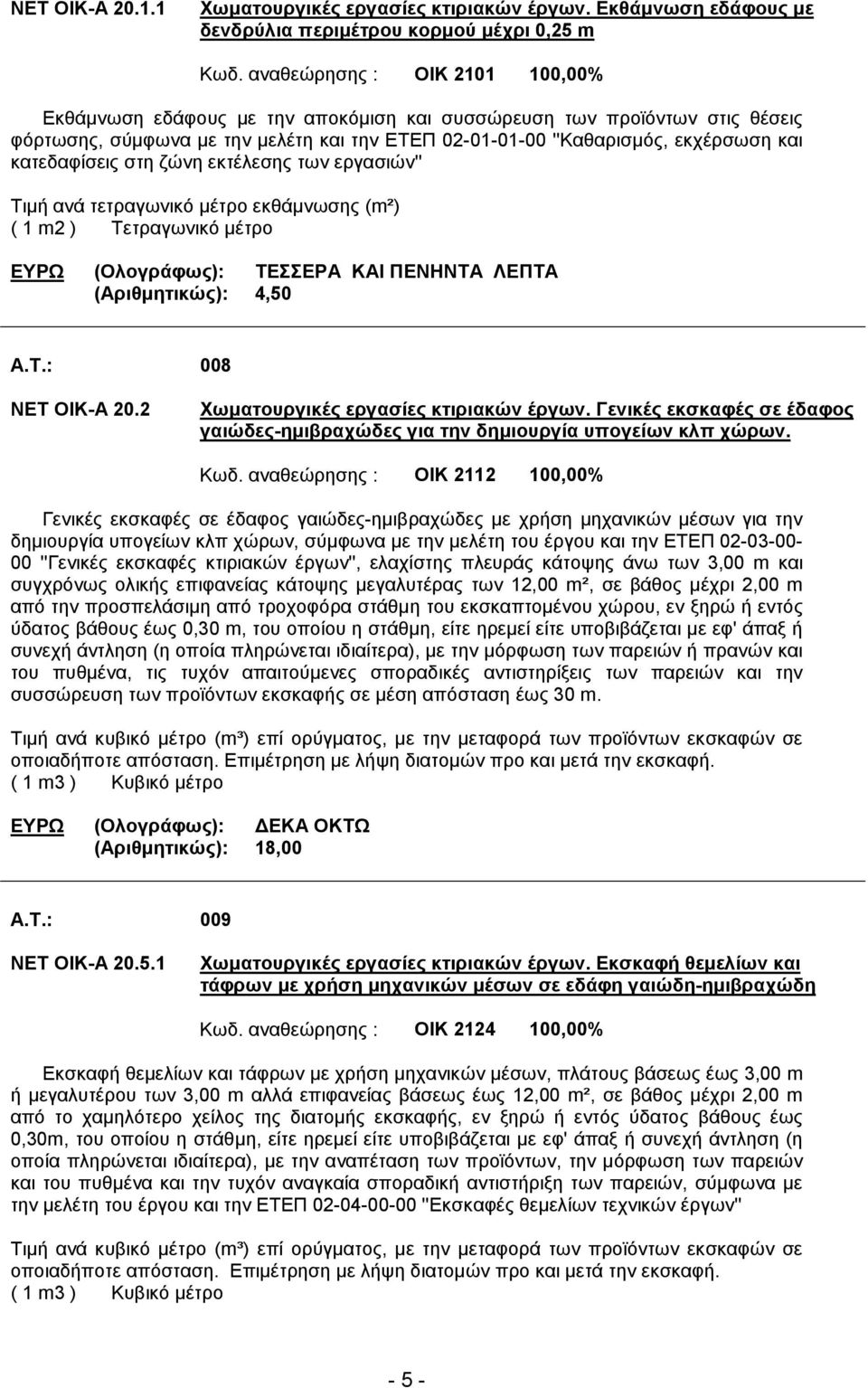 κατεδαφίσεις στη ζώνη εκτέλεσης των εργασιών'' Τιµή ανά τετραγωνικό µέτρο εκθάµνωσης (m²) ΕΥΡΩ (Ολογράφως): ΤΕΣΣΕΡΑ ΚΑΙ ΠΕΝΗΝΤΑ ΛΕΠΤΑ (Αριθµητικώς): 4,50 A.T.: 008 ΝΕΤ ΟΙΚ-Α 20.
