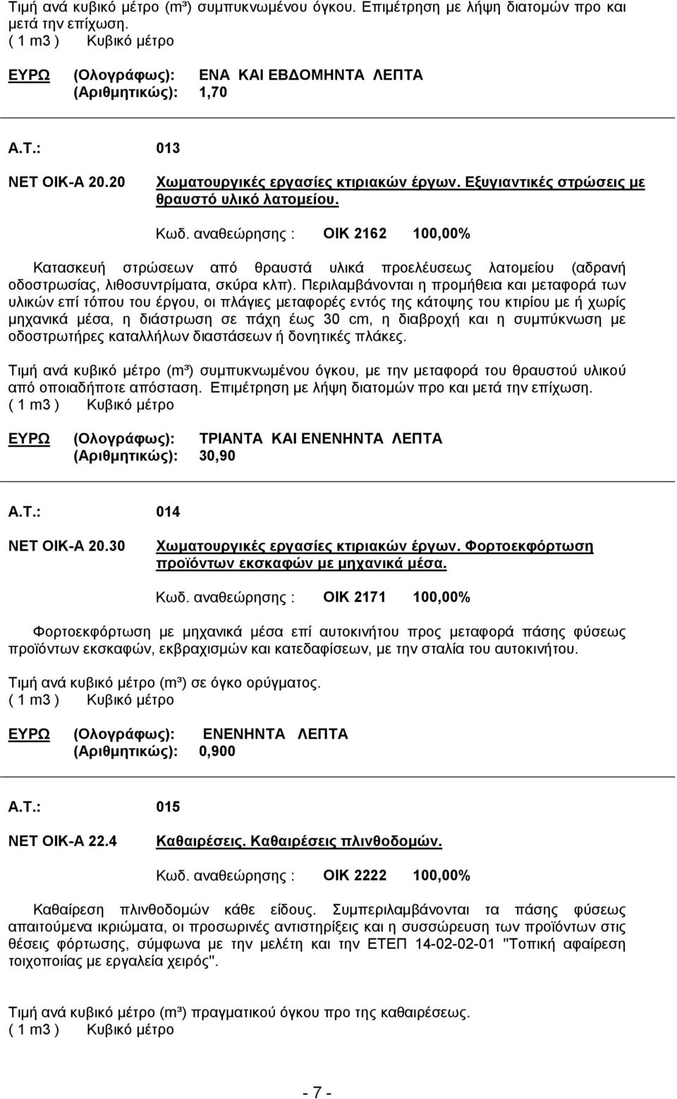 αναθεώρησης : ΟΙΚ 2162 100,00% Κατασκευή στρώσεων από θραυστά υλικά προελέυσεως λατοµείου (αδρανή οδοστρωσίας, λιθοσυντρίµατα, σκύρα κλπ).