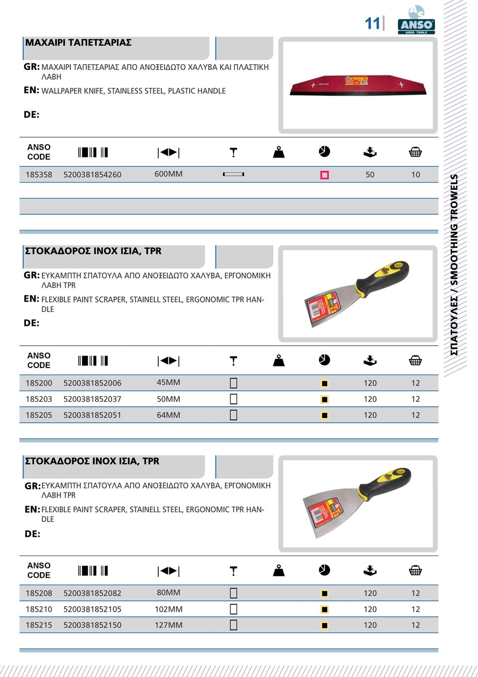 TROWELS 185200 5200381852006 45mm 120 12 185203 5200381852037 50mm 120 12 185205 5200381852051 64mm 120 12 ΣΤΟΚΑΔΟΡΟΣ INOX ΙΣΙΑ, TPR GR: ΕΥΚΑΜΠΤΗ Σπάτουλα ΑΠΟ ΑΝΟΞΕΙΔΩΤΟ ΧΑΛΥΒΑ,