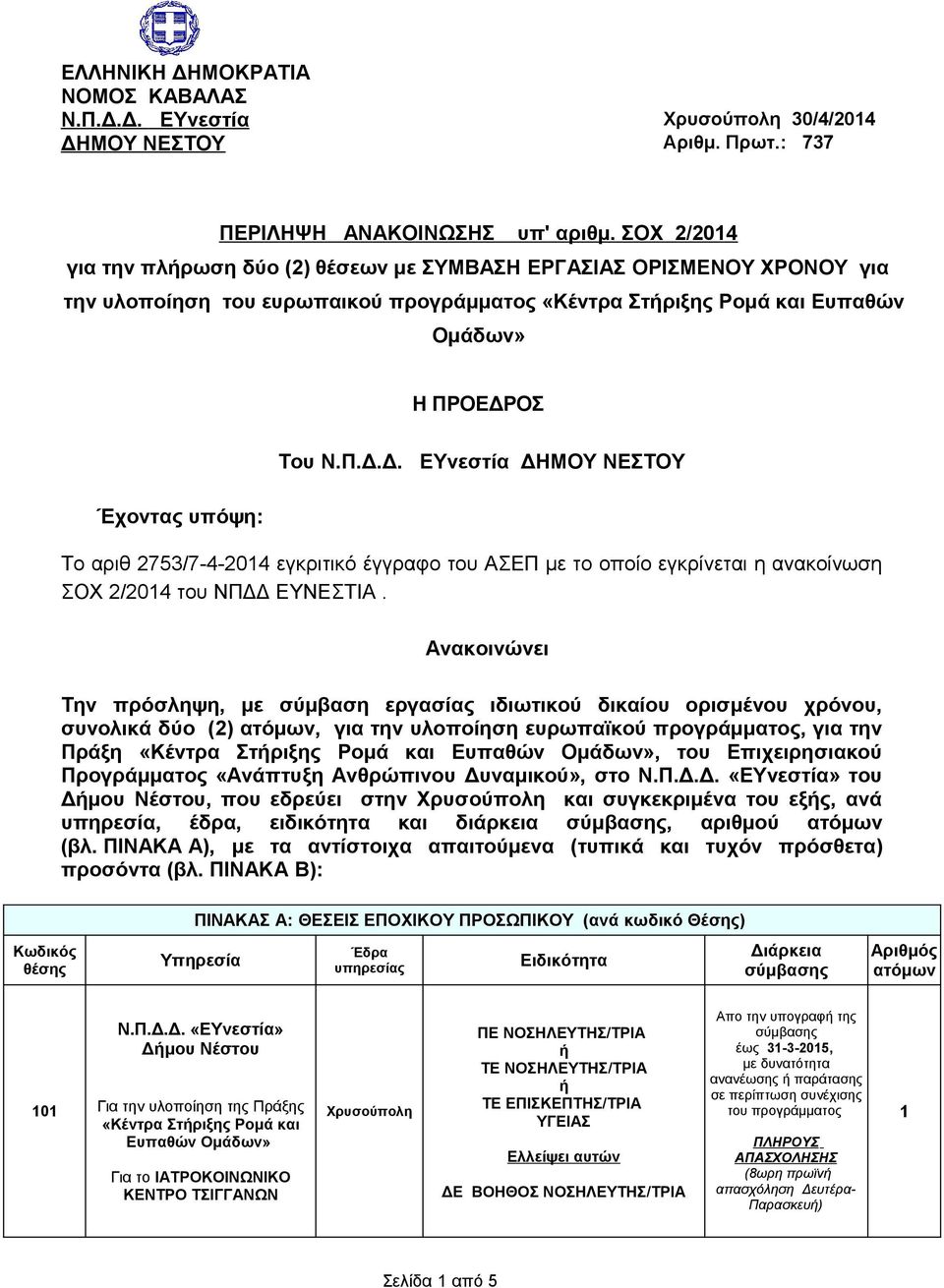 ΟΣ Έχοντας υπόψη: Του Ν.Π.Δ.Δ. ΕΥνεστία ΔΗΜΟΥ ΝΕΣΤΟΥ Το αριθ 2753/7-4-2014 εγκριτικό έγγραφο του ΑΣΕΠ με το οποίο εγκρίνεται η ανακοίνωση ΣΟΧ 2/2014 του ΝΠΔΔ ΕΥΝΕΣΤΙΑ.