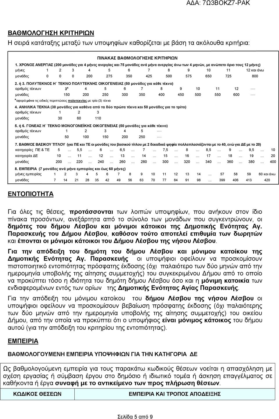 425 500 575 650 725 800 2. ή 3. ΠΟΛΥΤΕΚΝΟΣ Η ΤΕΚΝΟ ΠΟΛΥΤΕΚΝΗΣ ΟΙΚΟΓΕΝΕΙΑΣ (50 μονάδες για κάθε τέκνο) αριθμός τέκνων 3* 4 5 6 7 8 9 10 11 12. μονάδες 150 200 250 300 350 400 450 500 550 600.