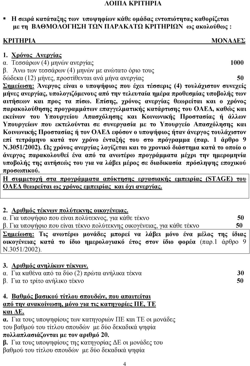 Άνω των τεσσάρων (4) μηνών με ανώτατο όριο τους δώδεκα (12) μήνες, προστίθενται ανά μήνα ανεργίας 50 Σημείωση: Άνεργος είναι ο υποψήφιος που έχει τέσσερις (4) τουλάχιστον συνεχείς μήνες ανεργίας,