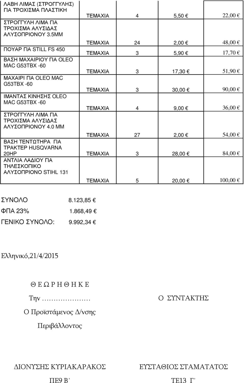 0 MM ΤΕΜΑΧΙΑ 4 5,50 22,00 4 2,00 48,00 ΤΕΜΑΧΙΑ 3 5,90 17,70 ΤΕΜΑΧΙΑ 3 17,30 51,90 ΤΕΜΑΧΙΑ 3 30,00 90,00 ΤΕΜΑΧΙΑ 4 9,00 36,00 7 2,00 54,00 ΒΑΣΗ ΤΕΝΤΩΤΗΡΑ ΓΙΑ ΤΡΑΚΤΕΡ HUSQVARNA 20ΗP ΤΕΜΑΧΙΑ