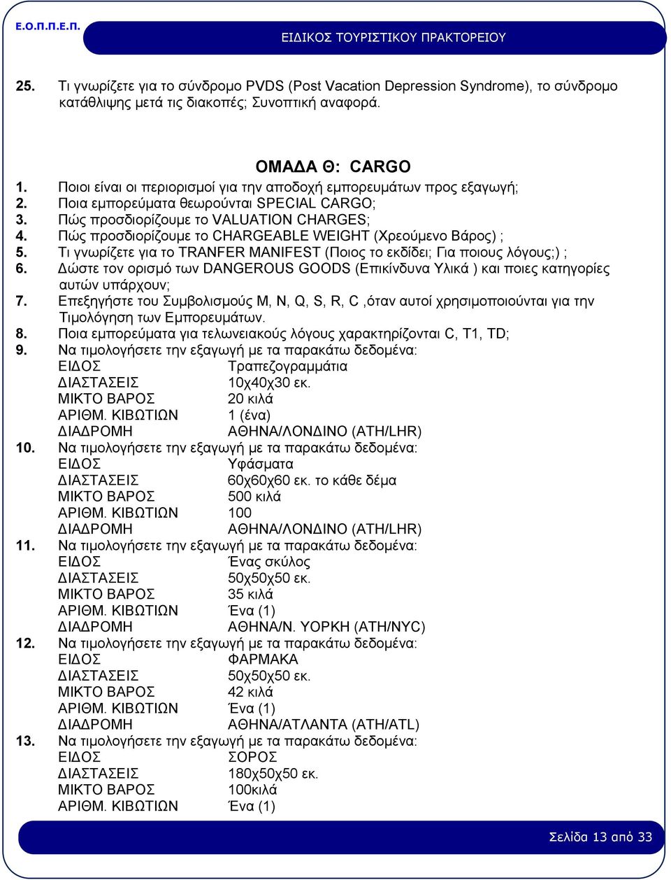 Πώς προσδιορίζουμε το CHARGΕABLE WEIGHT (Χρεούμενο Βάρος) ; 5. Τι γνωρίζετε για το TRANFER MANIFEST (Ποιος το εκδίδει; Για ποιους λόγους;) ; 6.