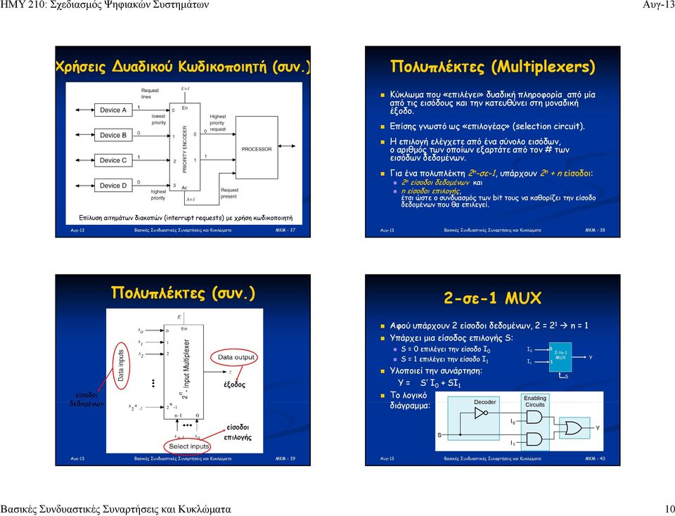 οποίων εξαρτάτε από τον # των εισόδων δεδομένων Για ένα πολυπλέκτη 2 n -σε-, υπάρχουν 2 n + n είσοδοι: 2 n είσοδοι δεδομένων και n είσοδοι επιλογής, έτσι ώστε ο συνδυασμός των bit τους να καθορίζει