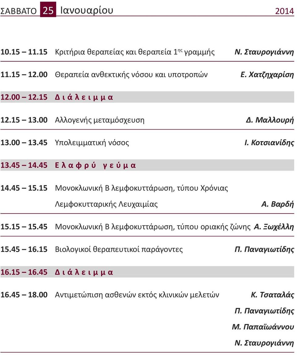 15 Μονοκλωνική Β λεμφοκυττάρωση, τύπου Χρόνιας Λεμφοκυτταρικής Λευχαιμίας Α. Βαρδή 15.15 15.45 Μονοκλωνική Β λεμφοκυττάρωση, τύπου οριακής ζώνης Α. Ξωχέλλη 15.45 16.