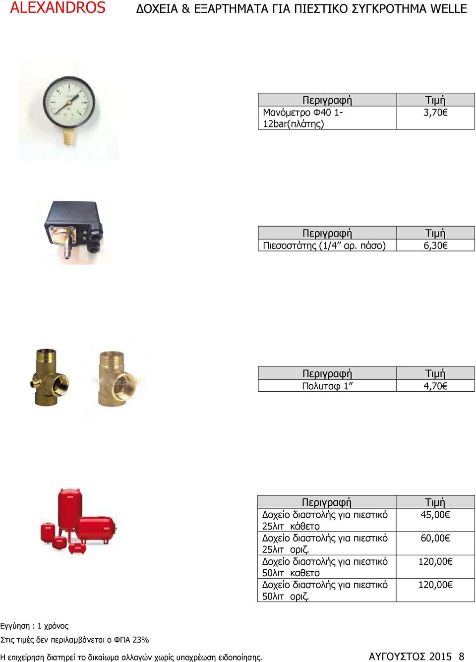 πάσο) 6,30 Πολυταφ 1 4,70 οχείο διαστολής για πιεστικό 25λιτ κάθετο οχείο διαστολής για πιεστικό 25λιτ οριζ.