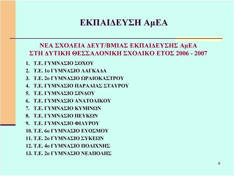 Τ.Ε. ΓΥΜΝΑΣΙΟ ΑΝΑΤΟΛΙΚΟΥ 7. Τ.Ε. ΓΥΜΝΑΣΙΟ ΚΥΜΙΝΩΝ 8. Τ.Ε. ΓΥΜΝΑΣΙΟ ΠΕΥΚΩΝ 9. Τ.Ε. ΓΥΜΝΑΣΙΟ ΦΙΛΥΡΟΥ 10. Τ.Ε. 6ο ΓΥΜΝΑΣΙΟ ΕΥΟΣΜΟΥ 11.