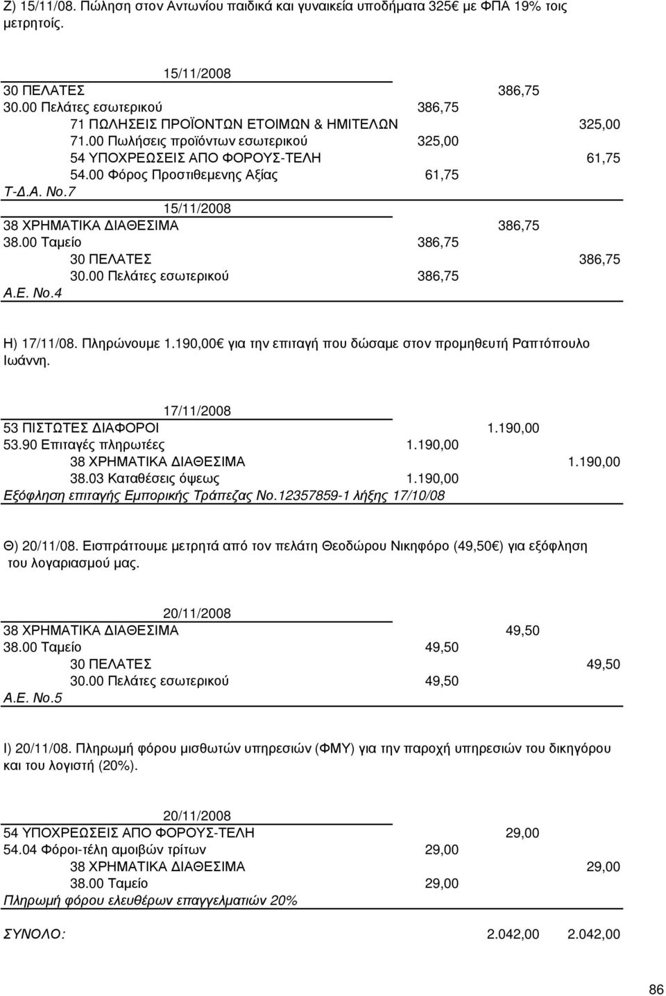 7 15/11/2008 38 ΧΡΗΜΑΤΙΚΑ ΙΑΘΕΣΙΜΑ 386,75 38.00 Ταµείο 386,75 30 ΠΕΛΑΤΕΣ 386,75 30.00 Πελάτες εσωτερικού 386,75 Α.Ε. Νο.4 Η) 17/11/08. Πληρώνουµε 1.