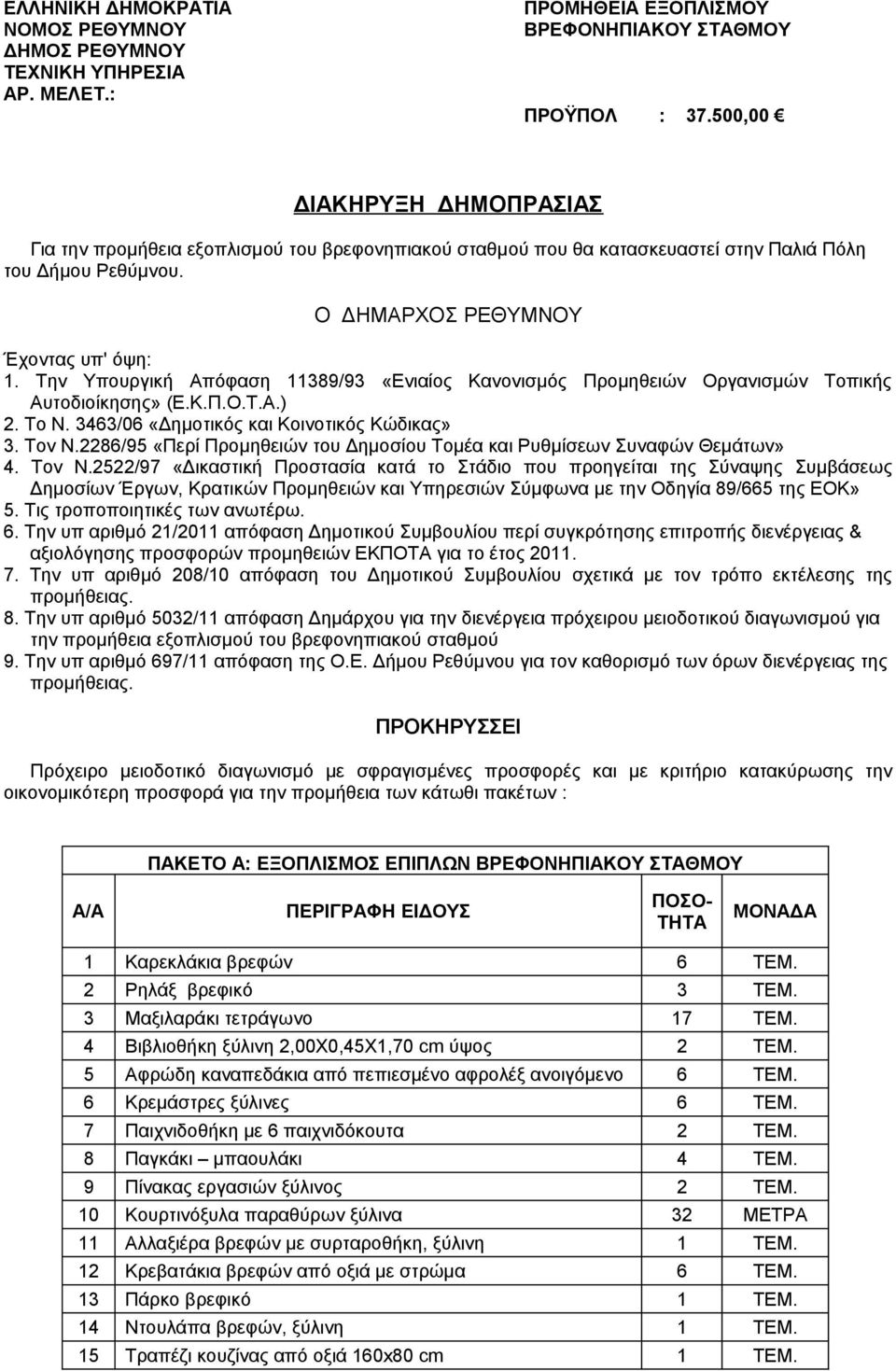 Την Υπουργική Απόφαση 11389/93 «Ενιαίος Κανονισμός Προμηθειών Οργανισμών Τοπικής Αυτοδιοίκησης» (Ε.Κ.Π.Ο.Τ.Α.) 2. Το Ν. 3463/06 «Δημοτικός και Κοινοτικός Κώδικας» 3. Τον Ν.