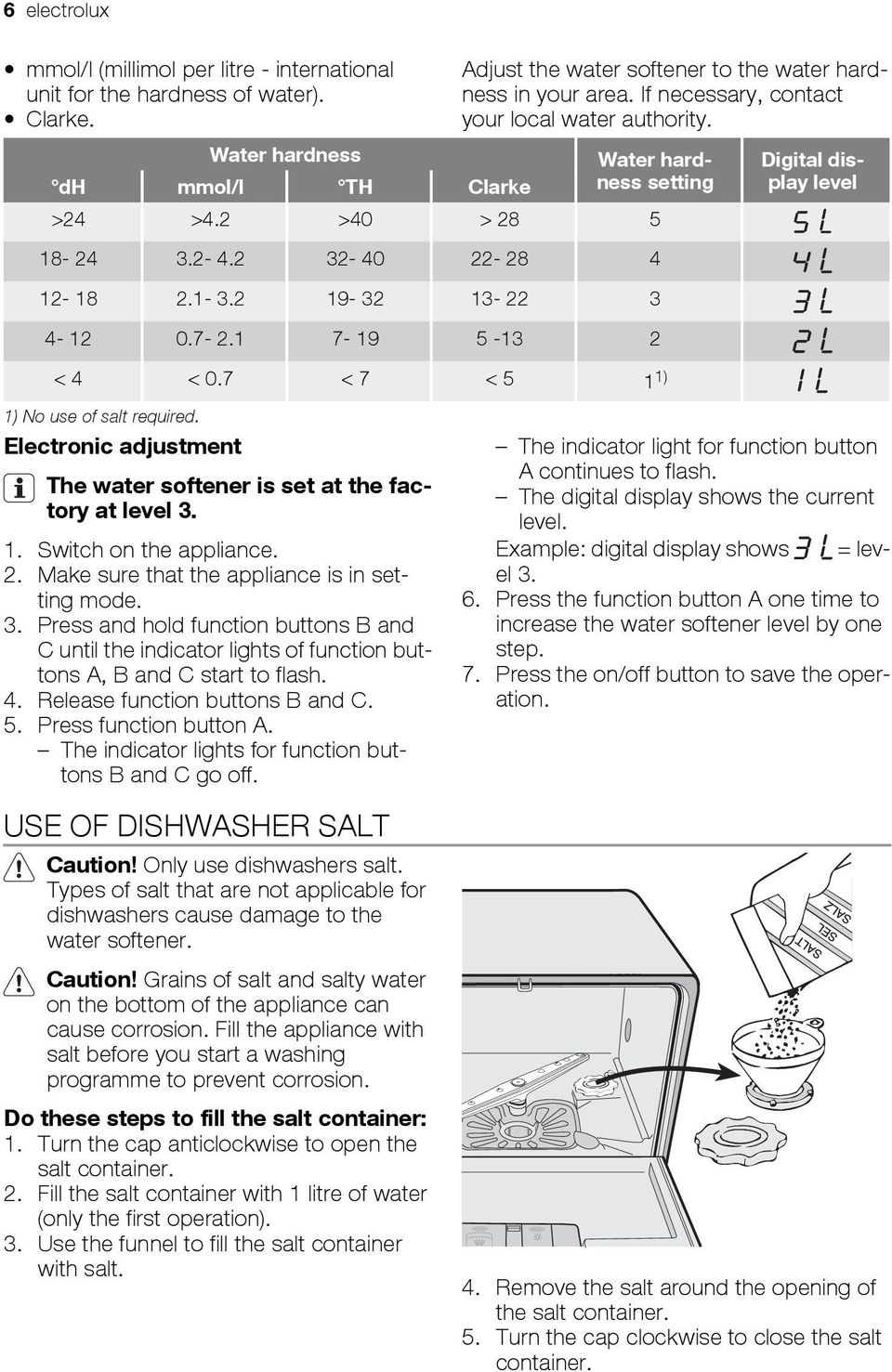 1 7-19 5-13 2 < 4 < 0.7 < 7 < 5 1 1) Digital display level 1) No use of salt required. Electronic adjustment The water softener is set at the factory at level 3. 1. Switch on the appliance. 2. Make sure that the appliance is in setting mode.