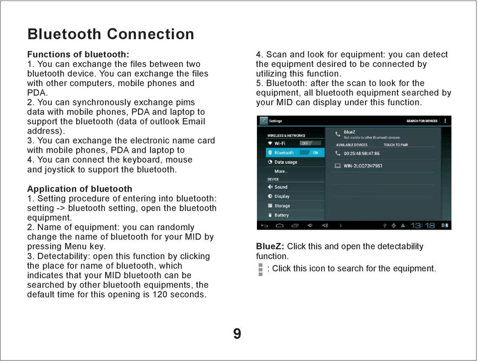 You can exchange the electronic name card with mobile phones, PDA and laptop to 4. You can connect the keyboard, mouse and joystick to support the bluetooth. Application of bluetooth 1.