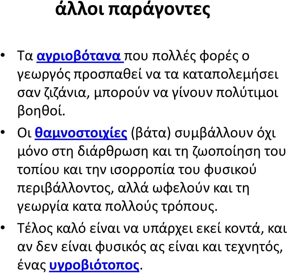 Οι θαμνοστοιχίες (βάτα) συμβάλλουν όχι μόνο στη διάρθρωση και τη ζωοποίηση του τοπίου και την ισορροπία