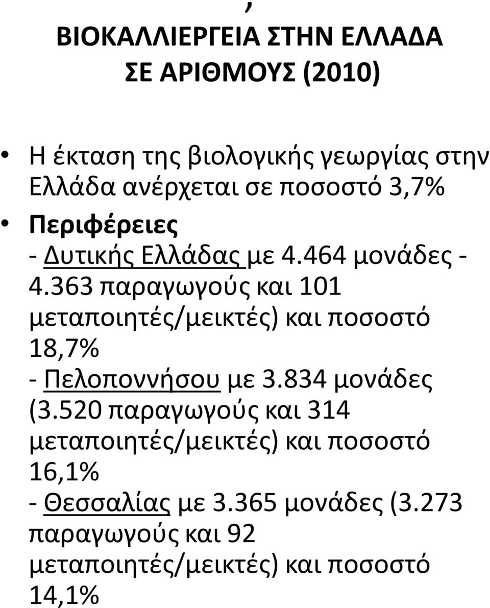 363 παραγωγούς και 101 μεταποιητές/μεικτές) και ποσοστό 18,7% - Πελοποννήσου με 3.834 μονάδες (3.