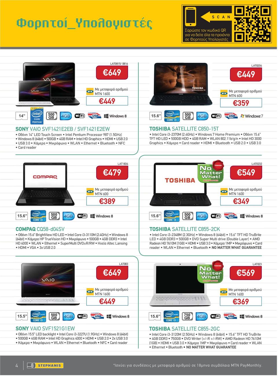 0 Κάμερα Μικρόφωνο WLAN Ethernet Bluetooth NFC Card reader TOSHIBA SATELLITE C850-15T Intel Core i3-2370m (2.4GHz) Windows 7 Home Premium Οθόνη 15.6 TFT HD LED 500GB HDD 4GB RAM WLAN 802.