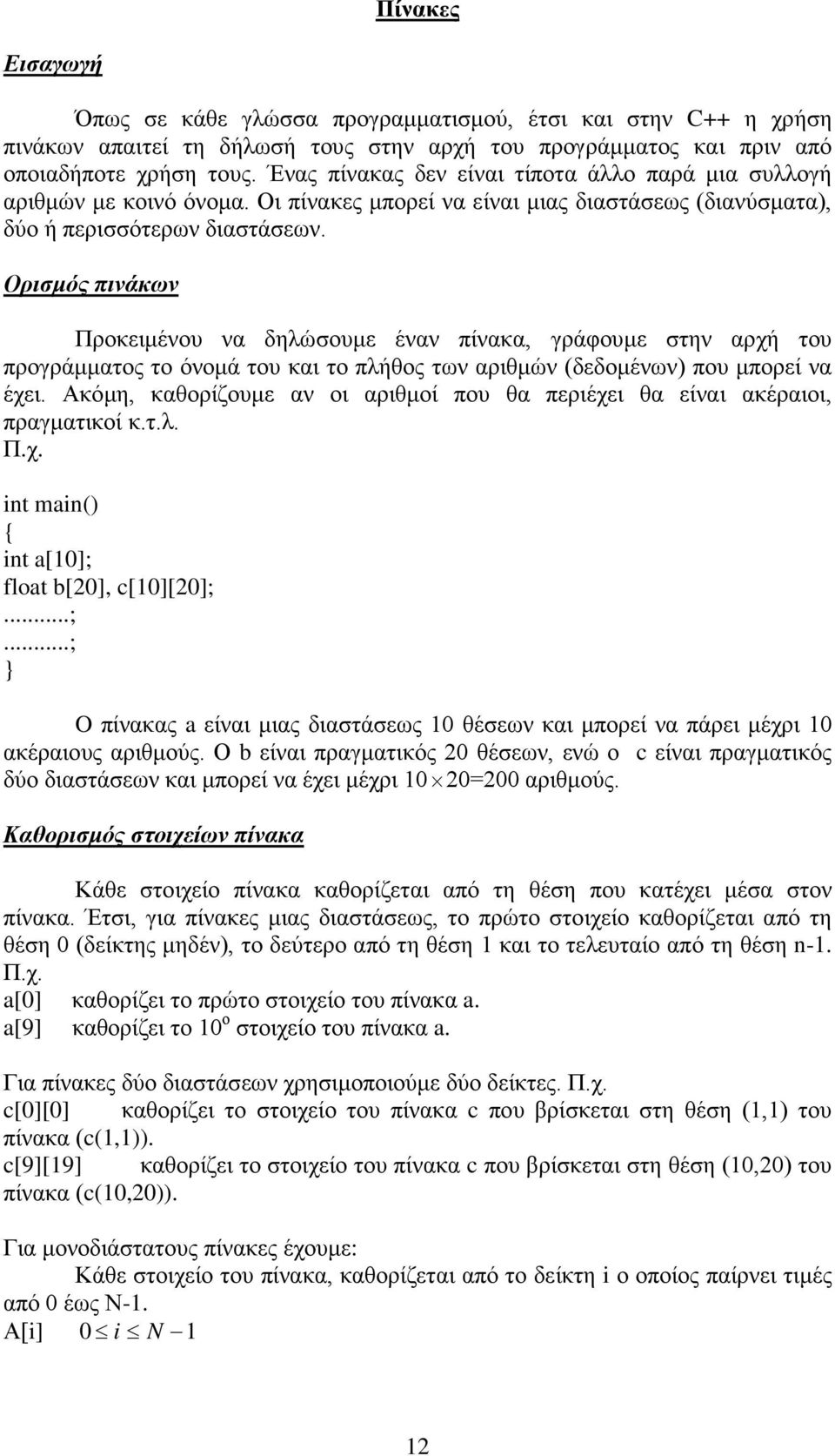 Ορισμός πινάκων Προκειμένου να δηλώσουμε έναν πίνακα, γράφουμε στην αρχή του προγράμματος το όνομά του και το πλήθος των αριθμών (δεδομένων) που μπορεί να έχει.