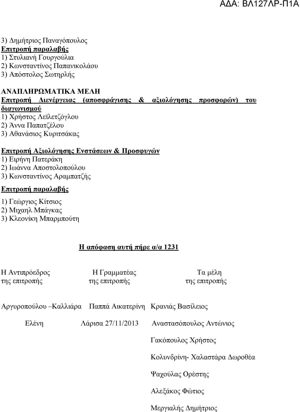 Κίτσιος 2) Μιχαηλ Μπάγκας 3) Κλεονίκη Μπαρμπούτη Η απόφαση αυτή πήρε α/α 1231 Η Αντιπρόεδρος Η Γραμματέας Τα μέλη της επιτροπής της επιτροπής της επιτροπής Αργυροπούλου