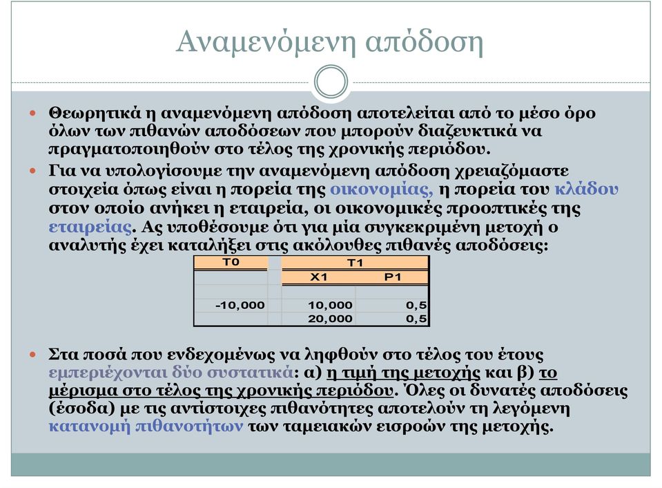 Ας υποθέσουµε ότι για µία συγκεκριµένη µετοχή ο αναλυτής έχει καταλήξει στις ακόλουθες πιθανές αποδόσεις: T0 X1 T1 P1-10,000 10,000 0,5 20,000 0,5 Στα ποσά που ενδεχοµένως να ληφθούν στο τέλος του