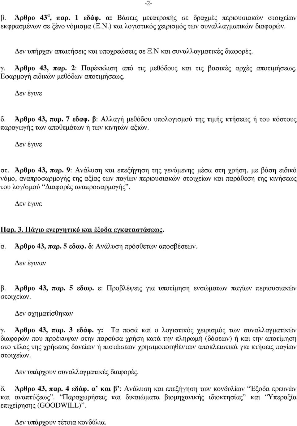 β: Αλλαγή µεθόδου υπολογισµού της τιµής κτήσεως ή του κόστους παραγωγής των αποθεµάτων ή των κινητών αξιών. στ. Άρθρο 43, παρ.