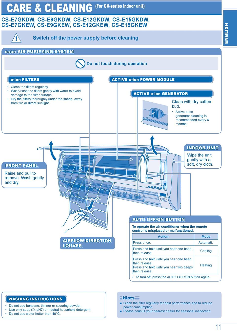 Dry the fi lters thoroughly under the shade, away from fi re or direct sunlight. Do not touch during operation ACTIVE e-ion POWER MODULE ACTIVE e-ion GENERATOR Clean with dry cotton bud.