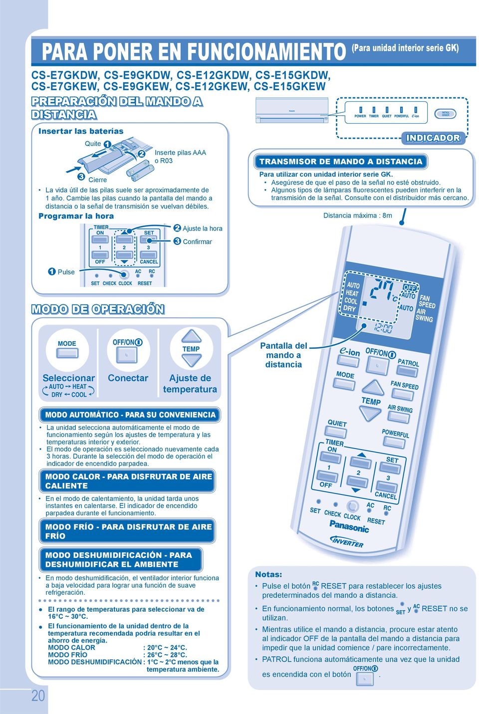 Programar la hora Ajuste la hora Confirmar (Para unidad interior serie GK) TRANSMISOR DE MANDO A DISTANCIA Para utilizar con unidad interior serie GK.